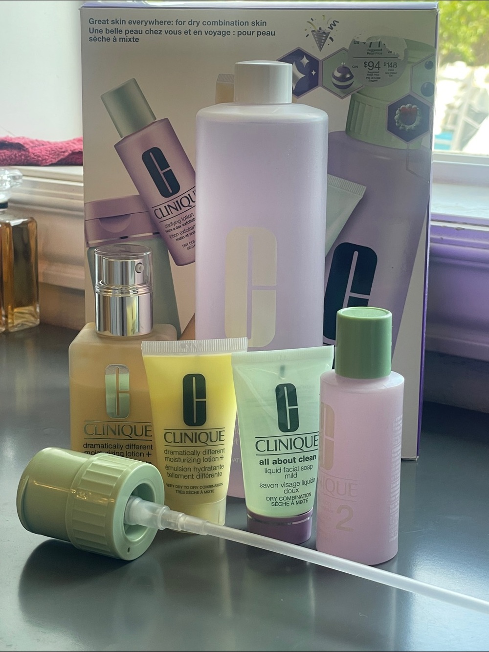 Clinique Travel Skincare Set — Green, Lavender & Yellow Mini Bottles